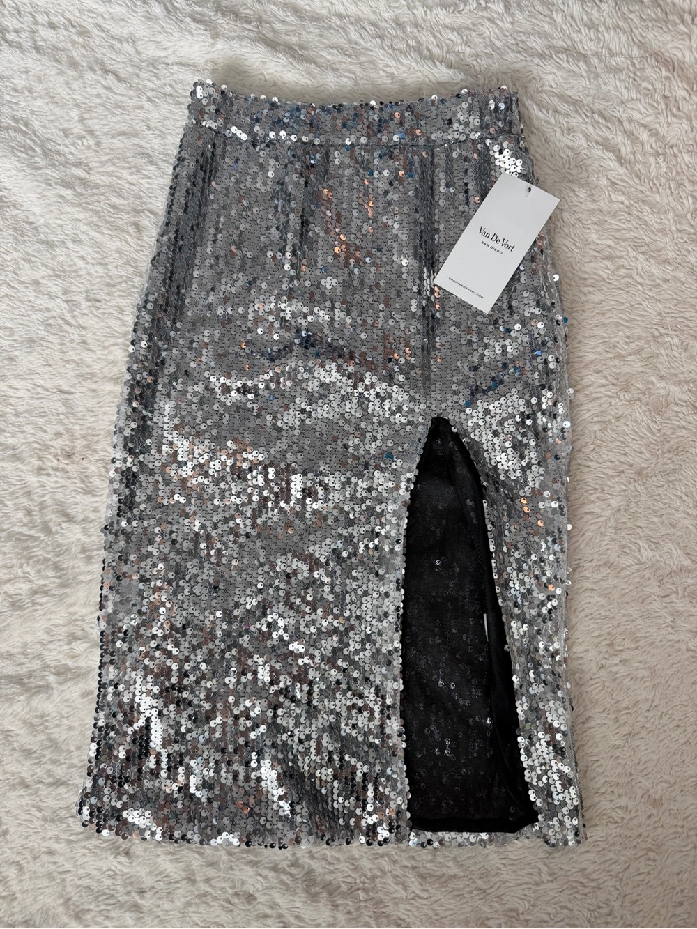 Silver Sequin Pencil Skirt with Front Slit by Van Heusen